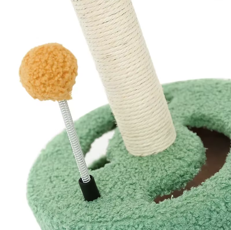 Charming sunflower cat scratching post, complete with an interactive toy. Essential pet furniture & cat accessory.