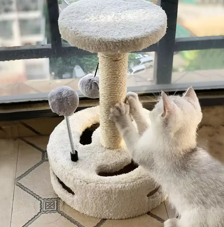 Perfect pet gift: a vibrant sunflower cat scratching post with an interactive toy and designated play area.