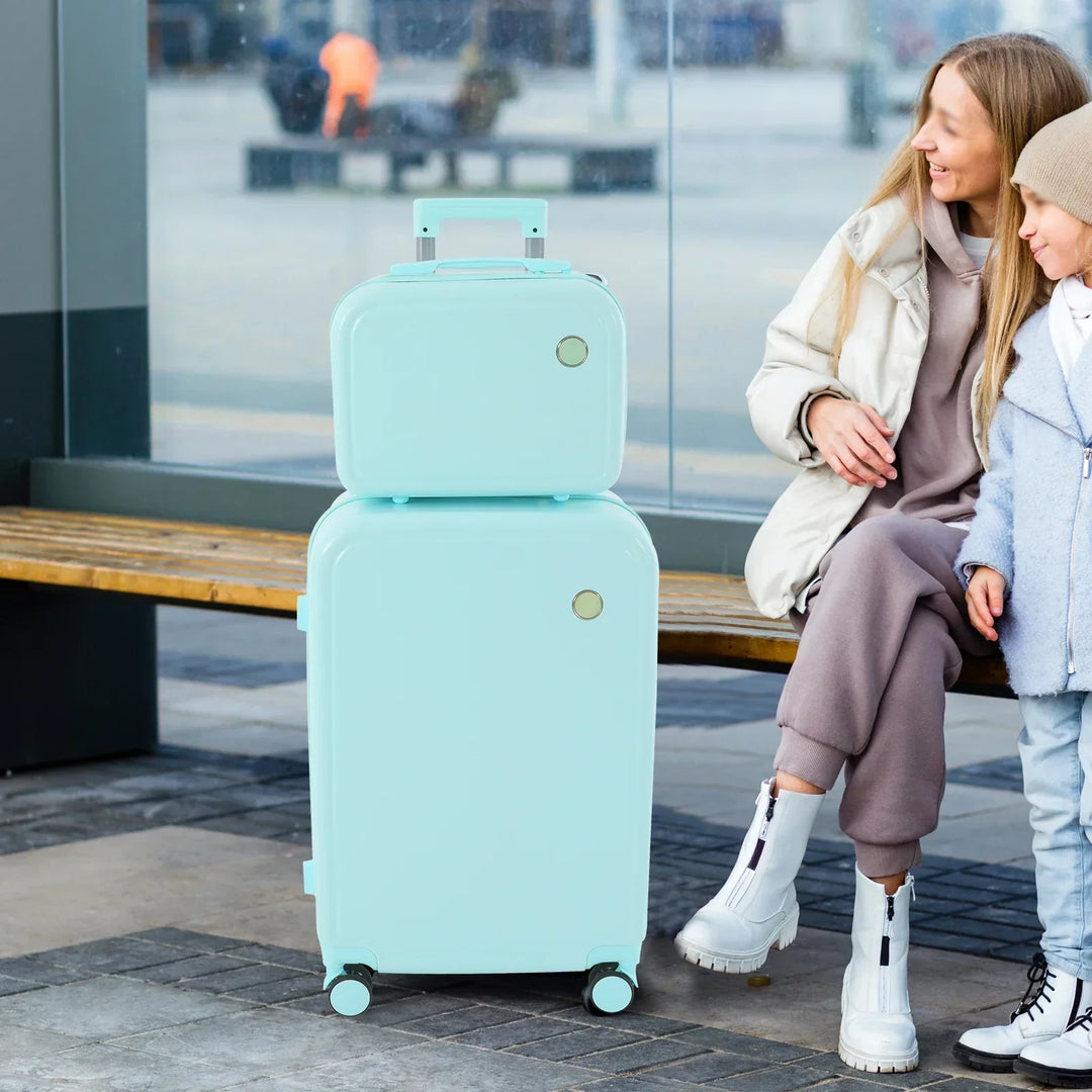 Open travel suitcase set showing organized interior, a hard-shell carry-on & cosmetic bag.