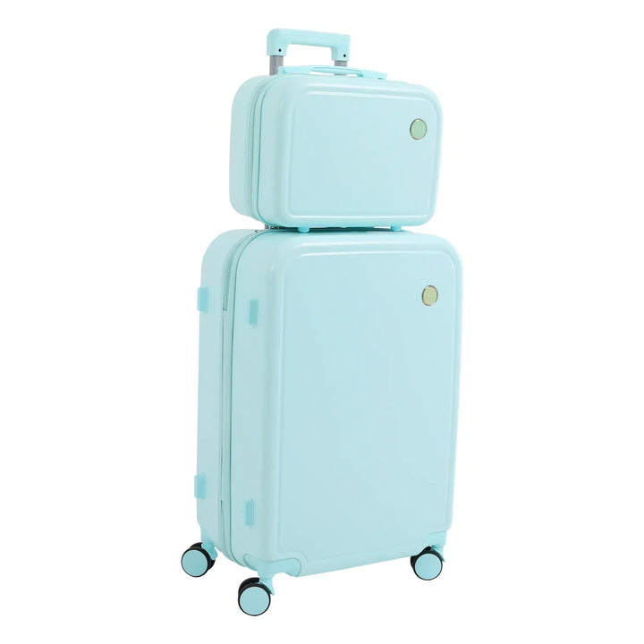 Modern design hard-shell travel luggage set, including a wheeled carry-on and a cosmetic bag.
