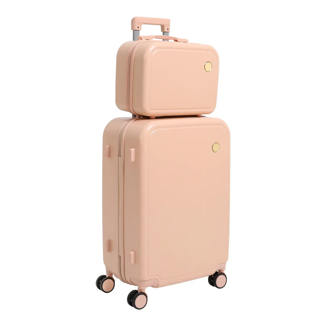 Person pulling a Vienna Duo hard-shell wheeled carry-on suitcase, part of a travel set.