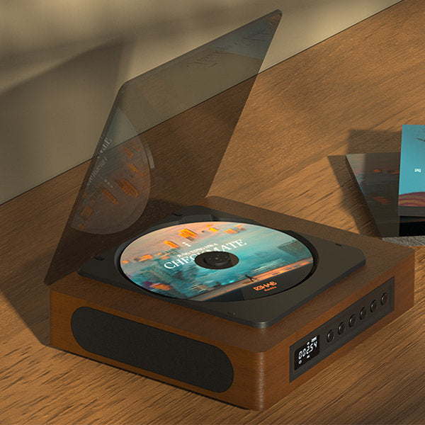 Retro design Bluetooth CD player, a stylish music player. Enjoy wireless streaming or CDs. Compact, vintage audio system.