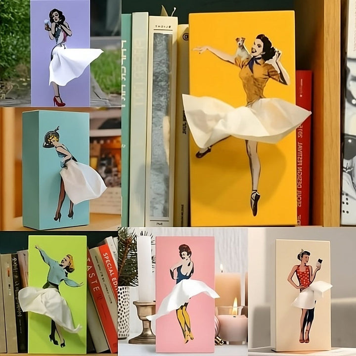 Vintage-inspired novelty skirt-shaped tissue box holder, pop art home decor for desktop organization