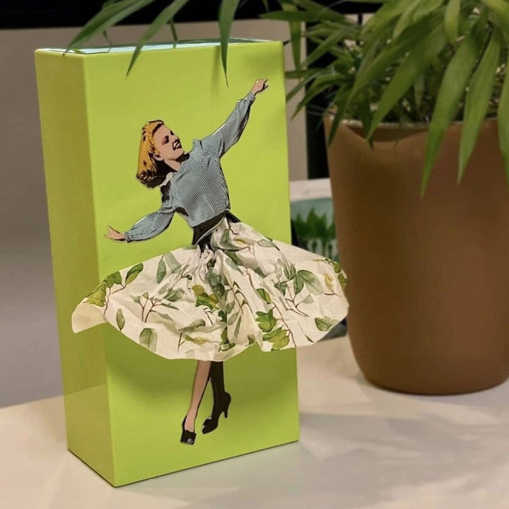 Novelty skirt tissue box holder, vintage aesthetic, adding a touch of pop art to home decor