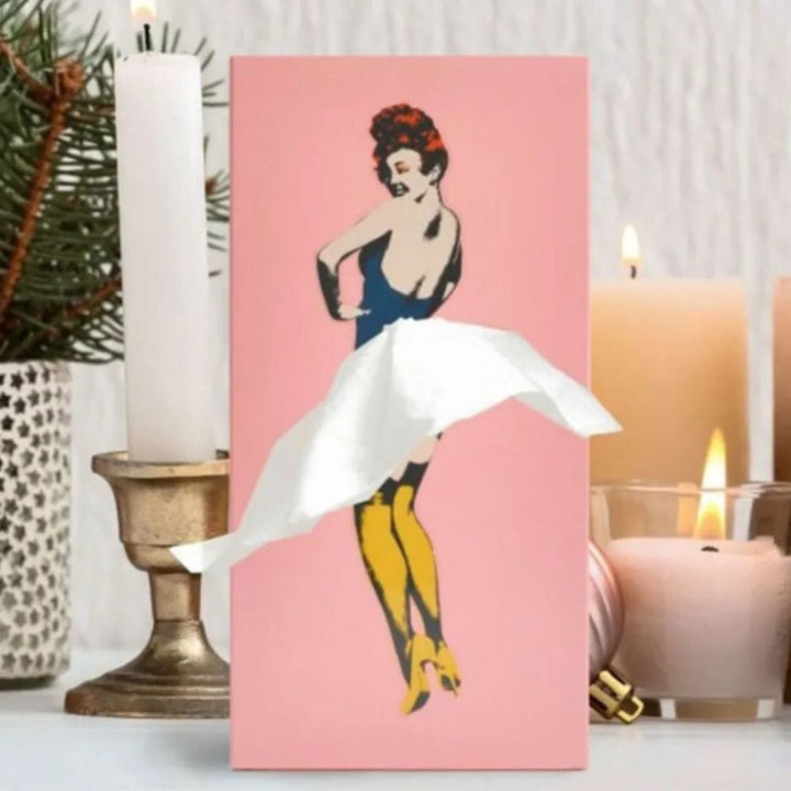 Functional art tissue box holder, shaped like a skirt, making a great novelty gift