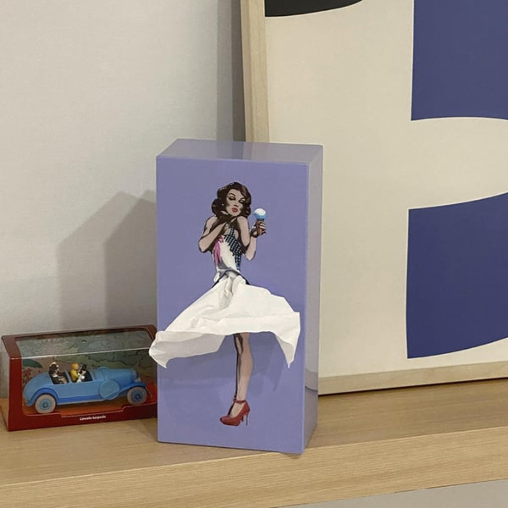 Pop art skirt-shaped tissue box, a unique home decor piece and desktop organizer