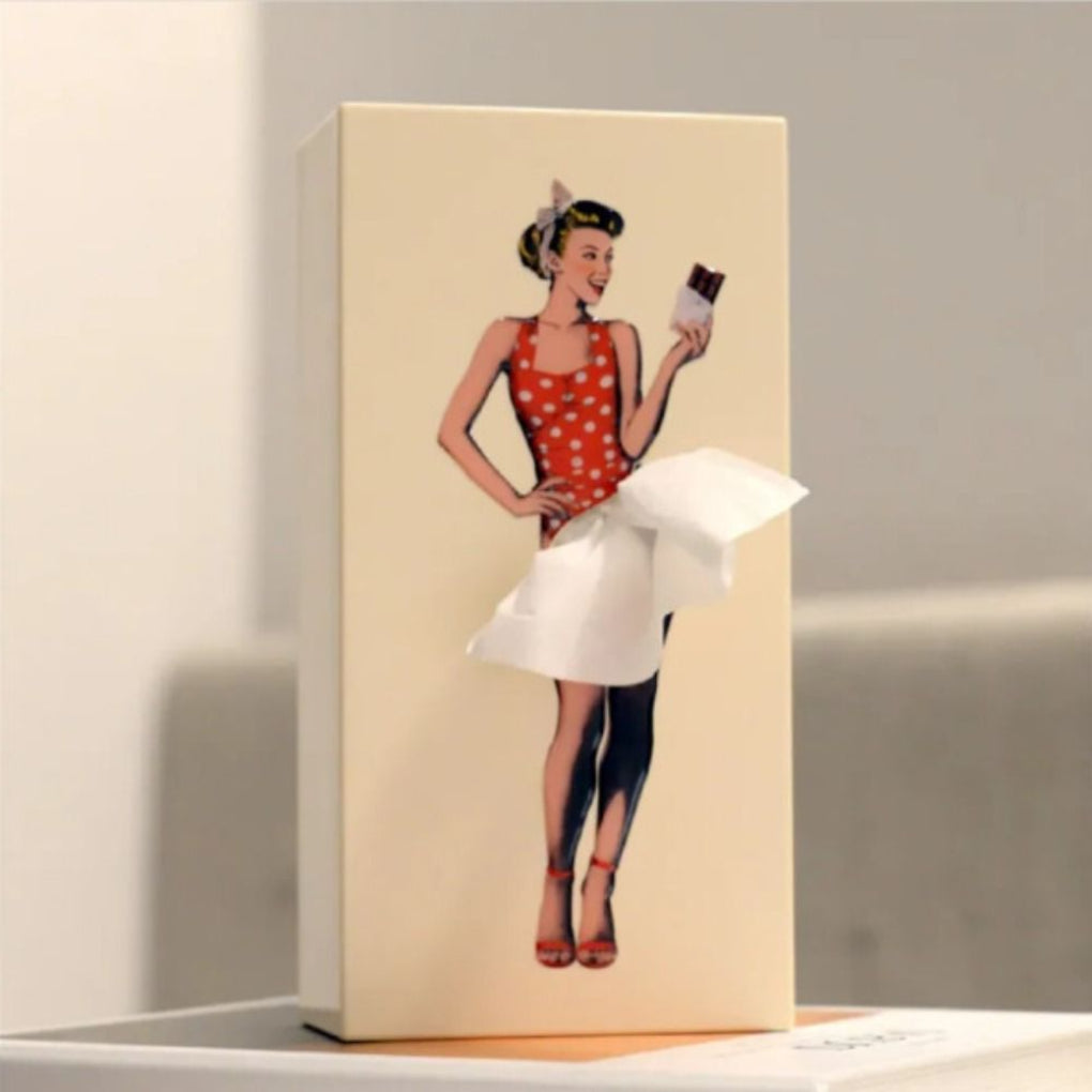 Decorative and functional skirt tissue box holder, a fun pop art accessory for any room
