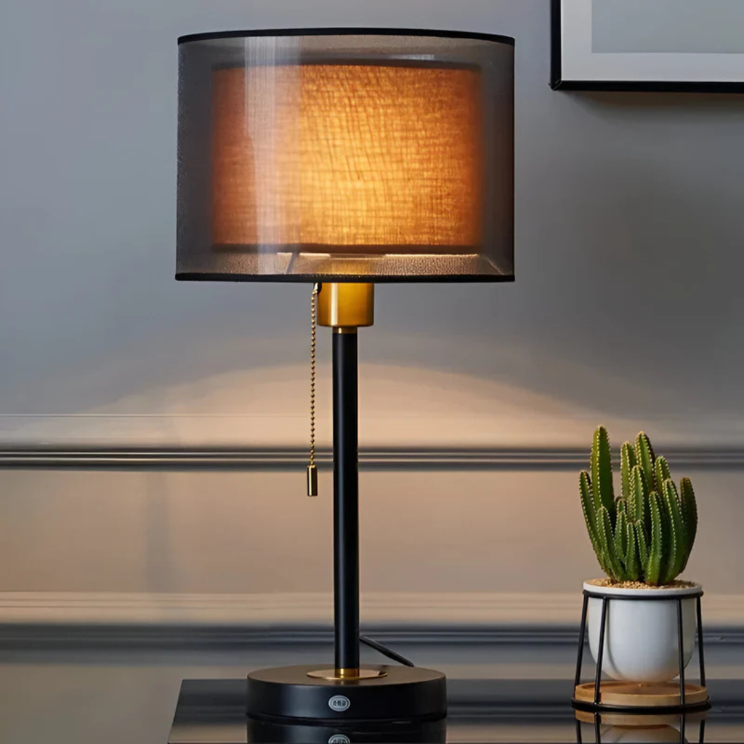 Vintage LED table lamp with double fabric shade, perfect for warm ambient light in bedroom.