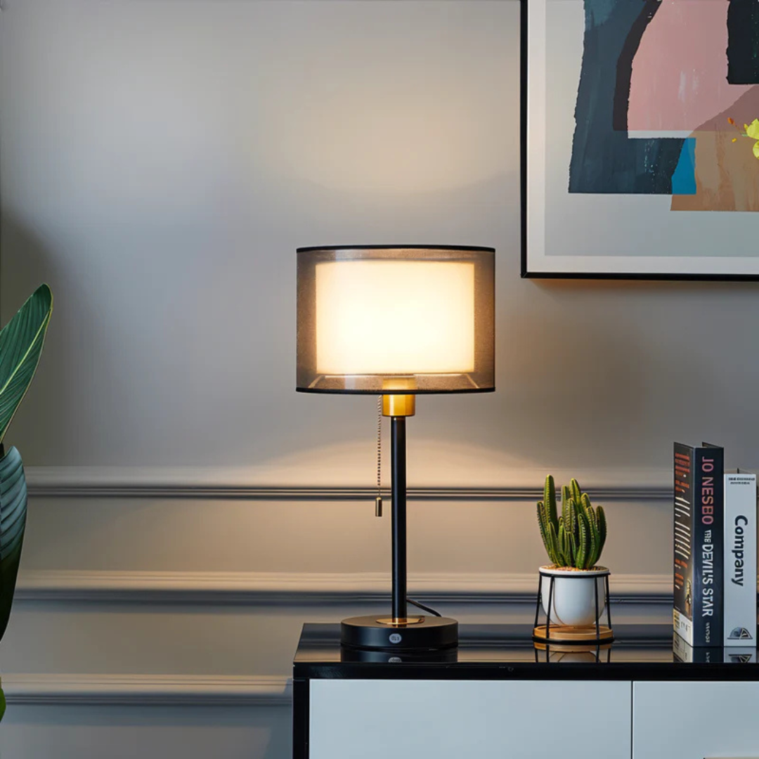 Elegant vintage LED table lamp, double fabric shade emits a warm, soft ambient light for cozy spaces.