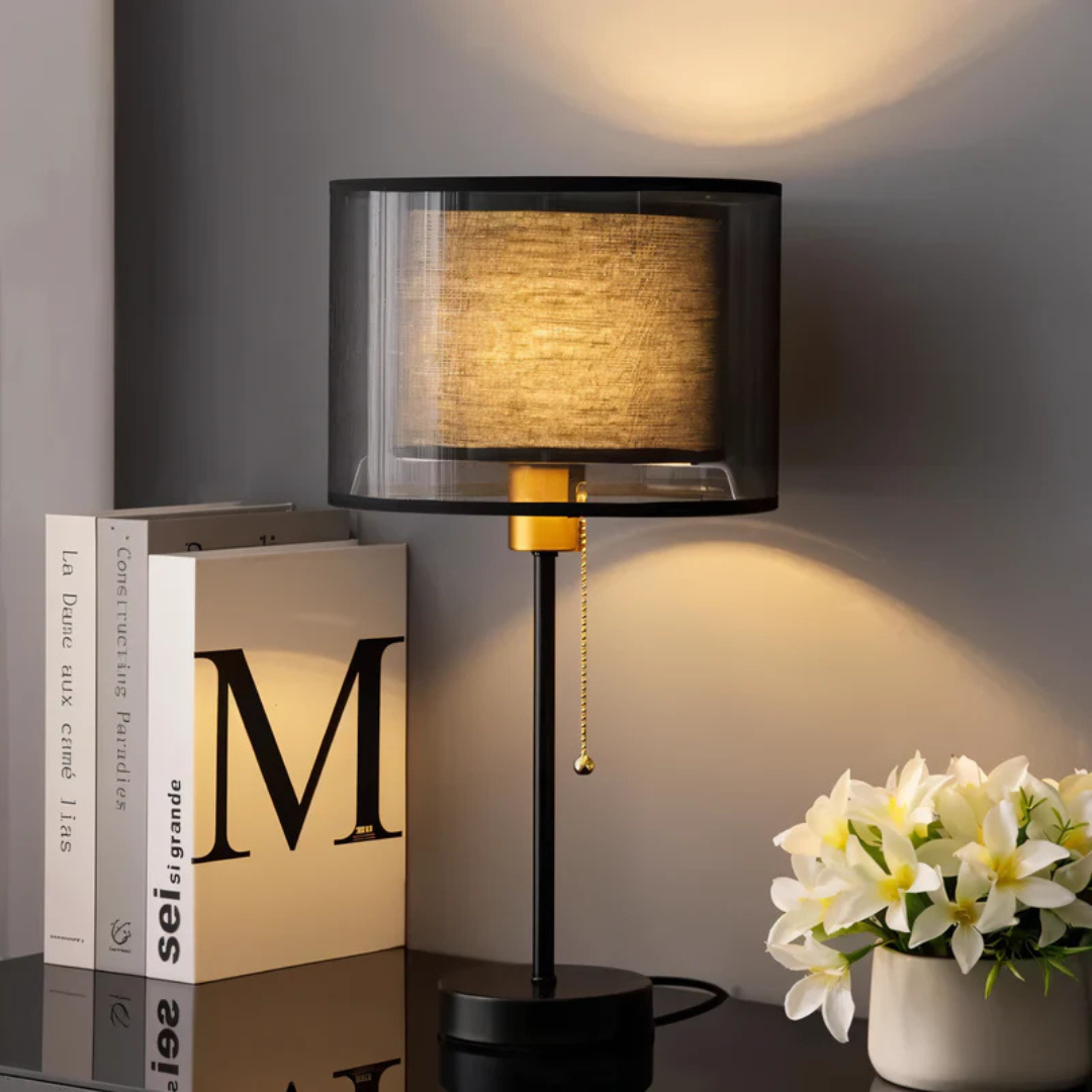 Retro double shade LED table lamp, ideal for bedroom or living room, provides stylish, warm ambient light.