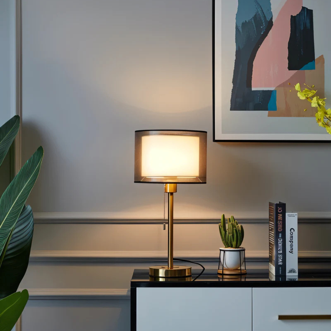Vintage style LED table lamp with dual fabric shades, offering warm ambient lighting for any room.