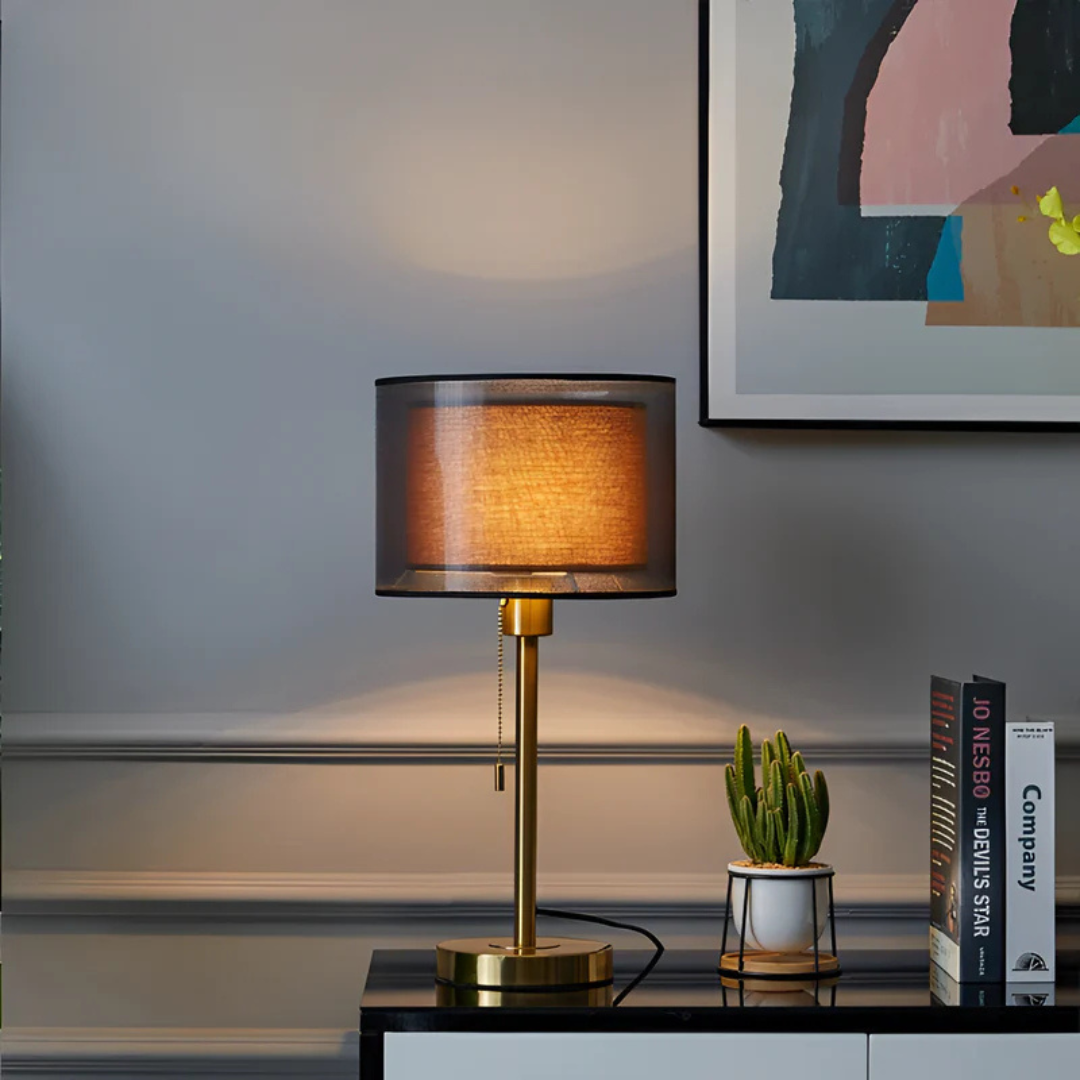 Antique-look double fabric shade LED table lamp, designed for warm, inviting ambient light and home decor.