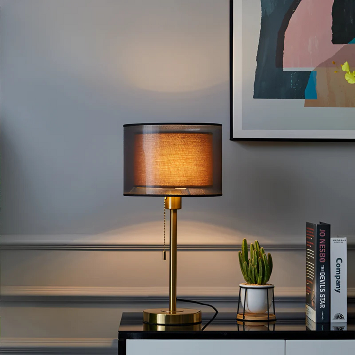 Antique-look double fabric shade LED table lamp, designed for warm, inviting ambient light and home decor.