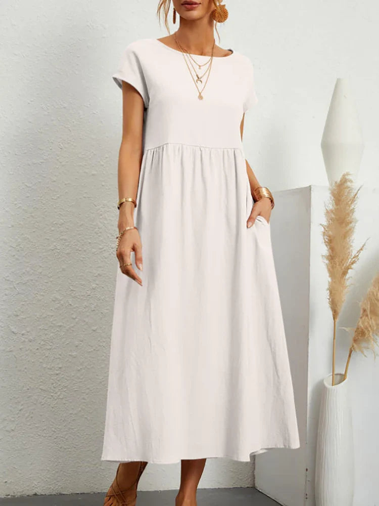 Vintage O-neck cotton midi dress for women, casual summer fashion