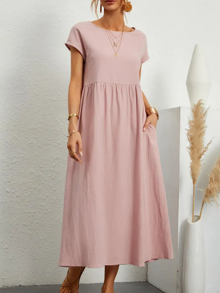 Elegant O-neck women's vintage cotton summer dress, midi length