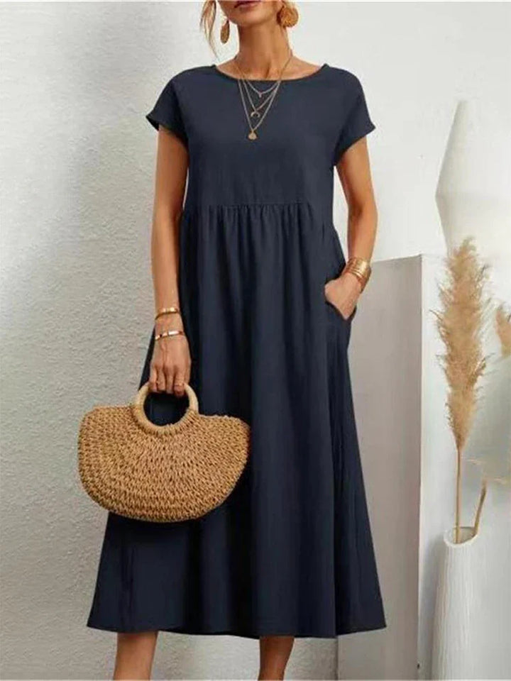 Women's comfortable vintage cotton summer dress, O-neck design
