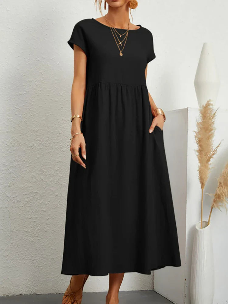 New women's O-neck vintage cotton casual midi dress, front view