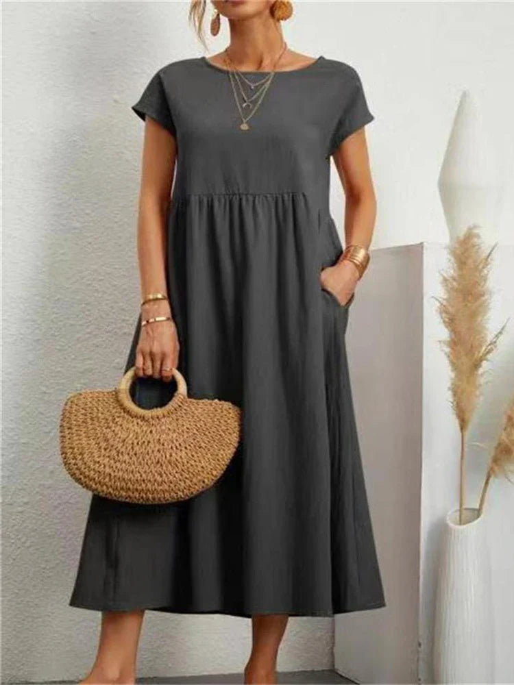 Soft cotton O-neck vintage dress, women's summer fashion essential