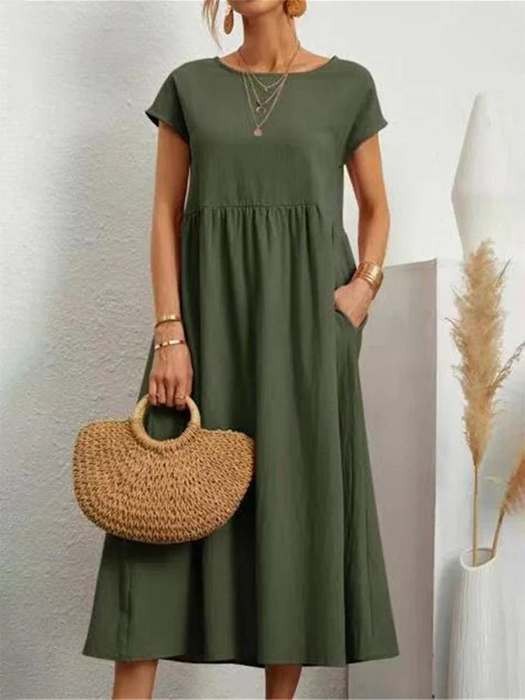Chic vintage O-neck cotton summer dress, women's midi style