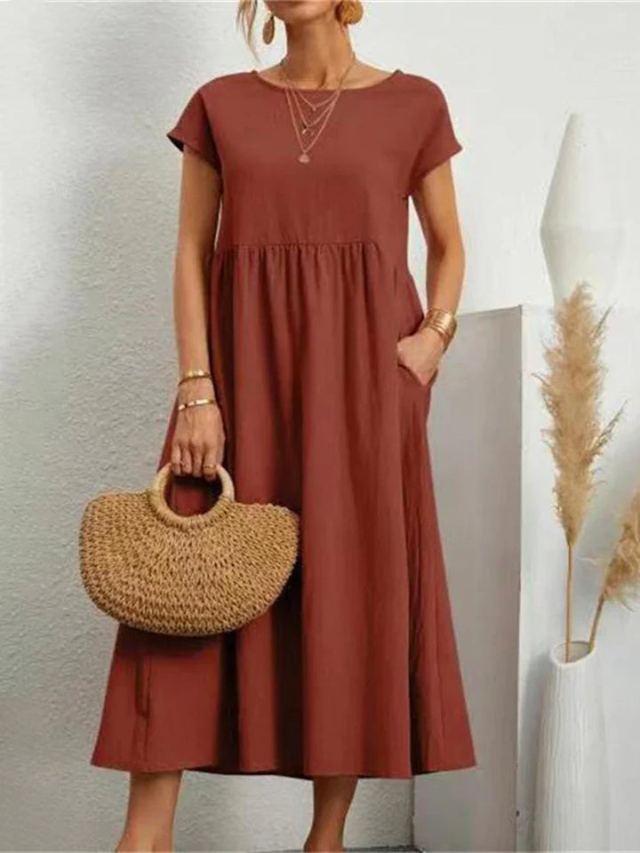 New arrival, women's O-neck vintage cotton casual midi dress