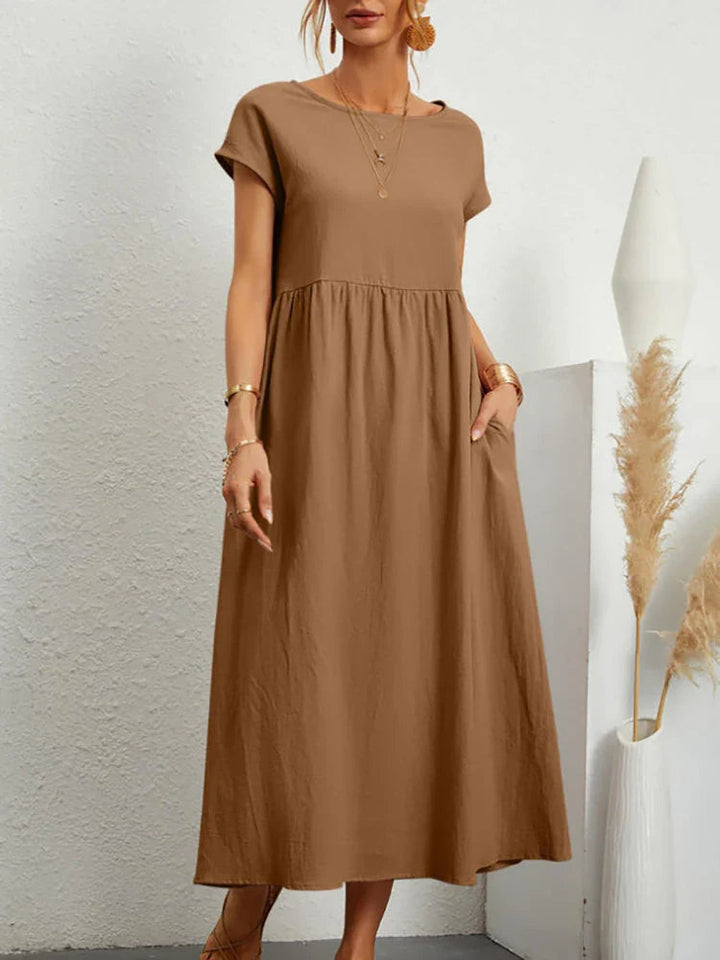 Stylish vintage cotton summer dress with O-neck for women