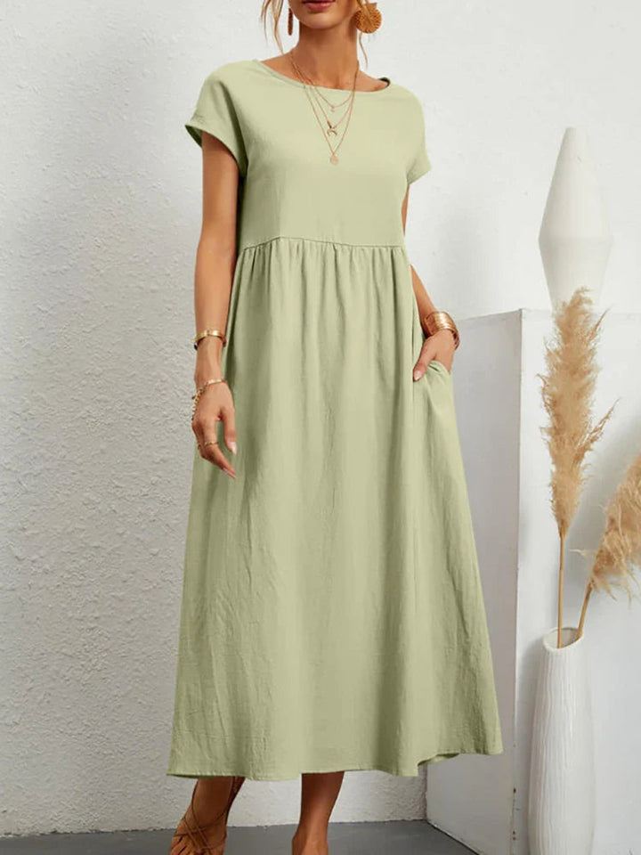 Fashionable women's casual dress, O-neck vintage cotton midi