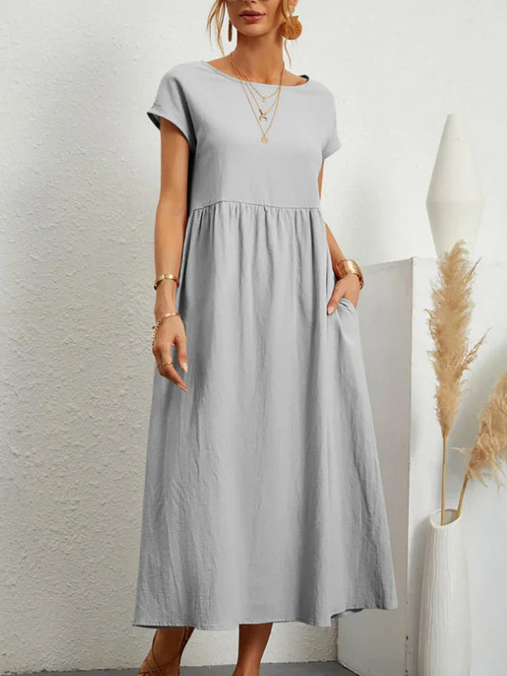 Women's vintage O-neck cotton midi dress, perfect for summer casual wear