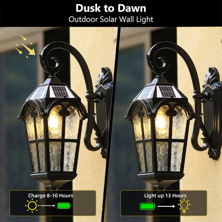 Vintage solar LED wall light with remote for outdoor garden & patio. Weatherproof sconce.