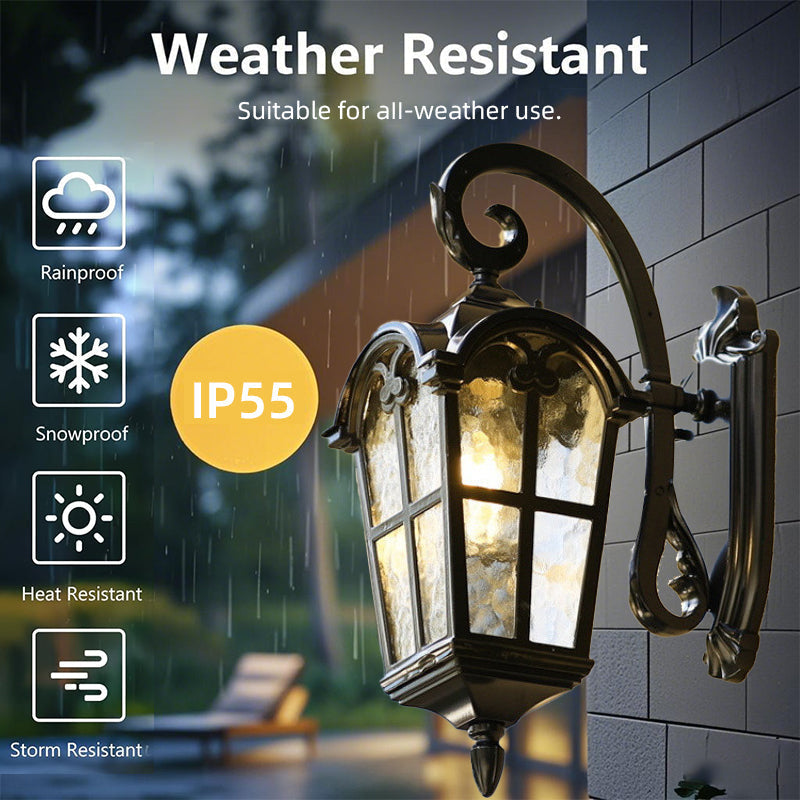 Durable vintage-look solar LED wall light with remote control for outdoor garden & patio decor.