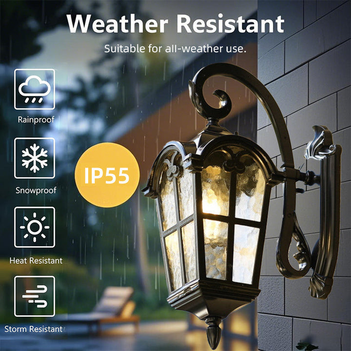 Durable vintage-look solar LED wall light with remote control for outdoor garden & patio decor.