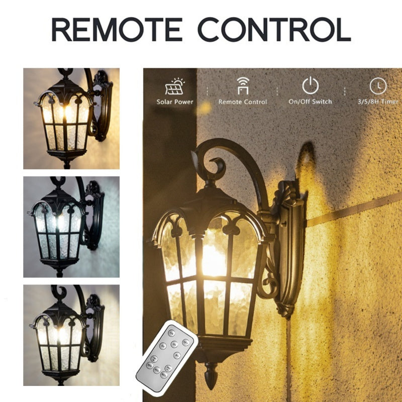 Warm glow vintage solar wall light with remote, enhancing outdoor garden & patio evening ambiance.
