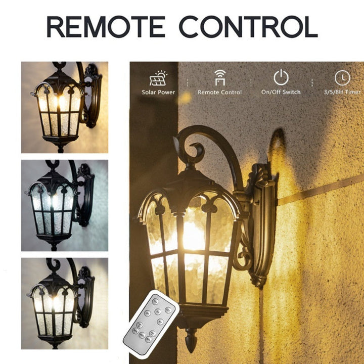 Warm glow vintage solar wall light with remote, enhancing outdoor garden & patio evening ambiance.