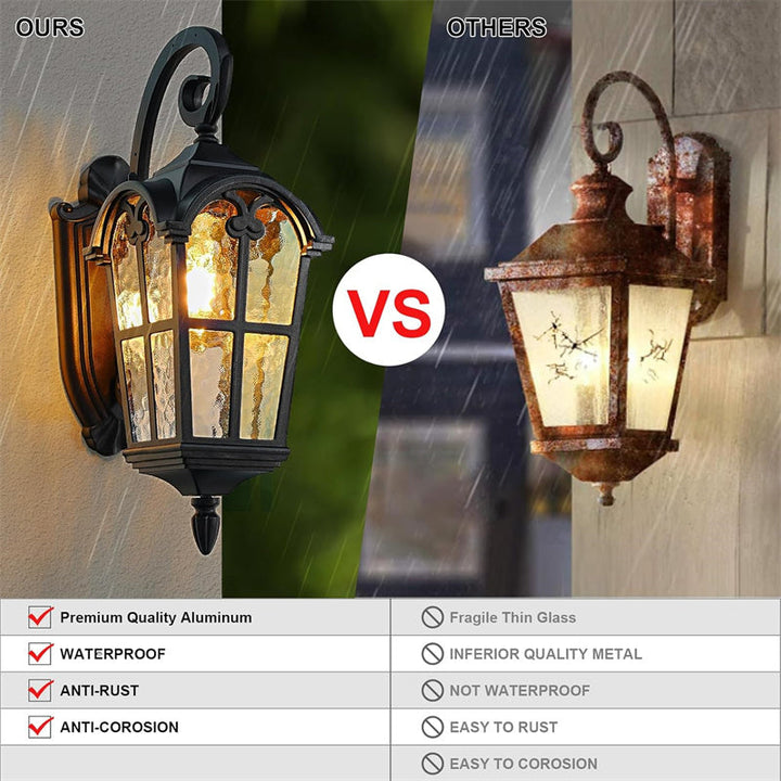 Elegant vintage-style solar wall sconce, ideal for garden decor & patio lighting, powered by sun.
