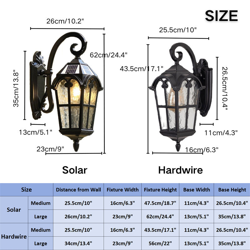 Weatherproof vintage solar wall light adds charming garden decor; remote for easy patio lighting control.