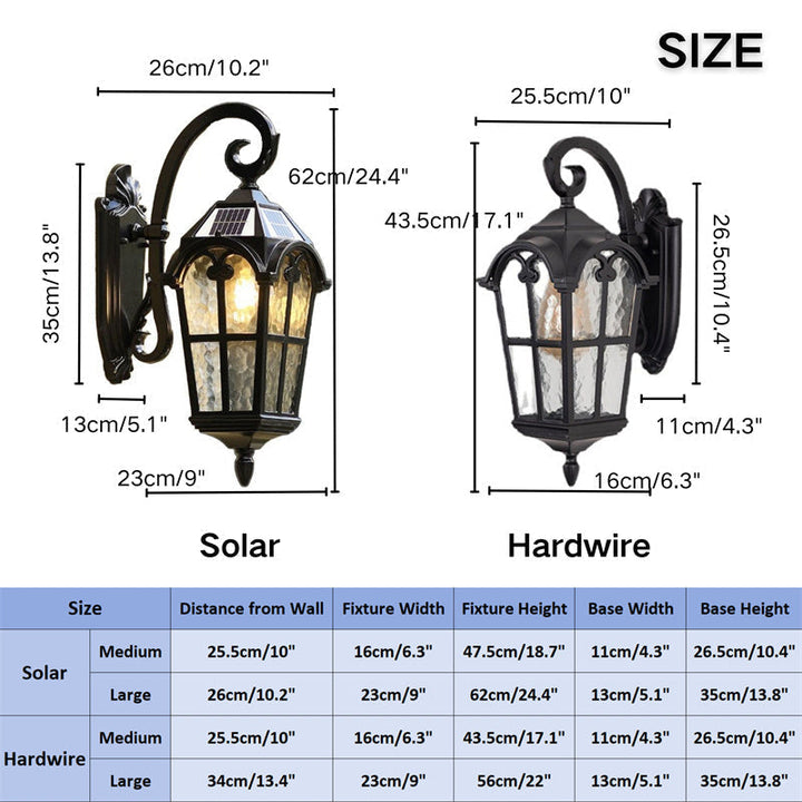 Weatherproof vintage solar wall light adds charming garden decor; remote for easy patio lighting control.