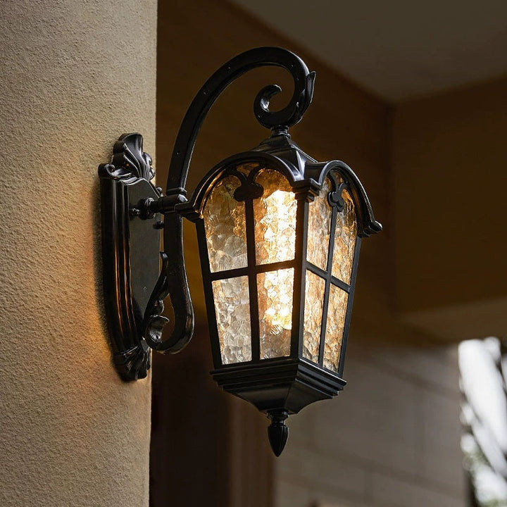 Energy-saving solar wall sconce, vintage design for outdoor garden, patio, or fence lighting.