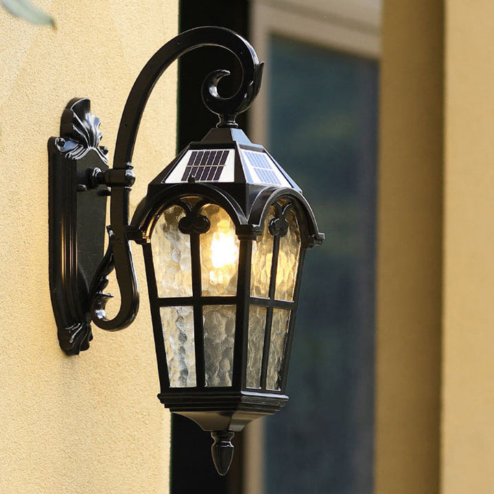 Classic vintage outdoor solar lamp, weatherproof and remote-controlled for easy garden & patio illumination.