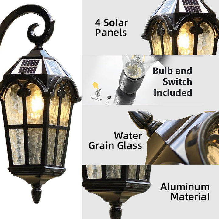 Eco-friendly vintage solar wall sconce, remote control for adjustable brightness on garden and patio.