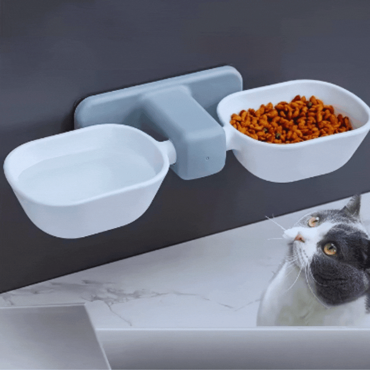 Wall mount pet food & water bowls, space-saving design for cats & dogs.