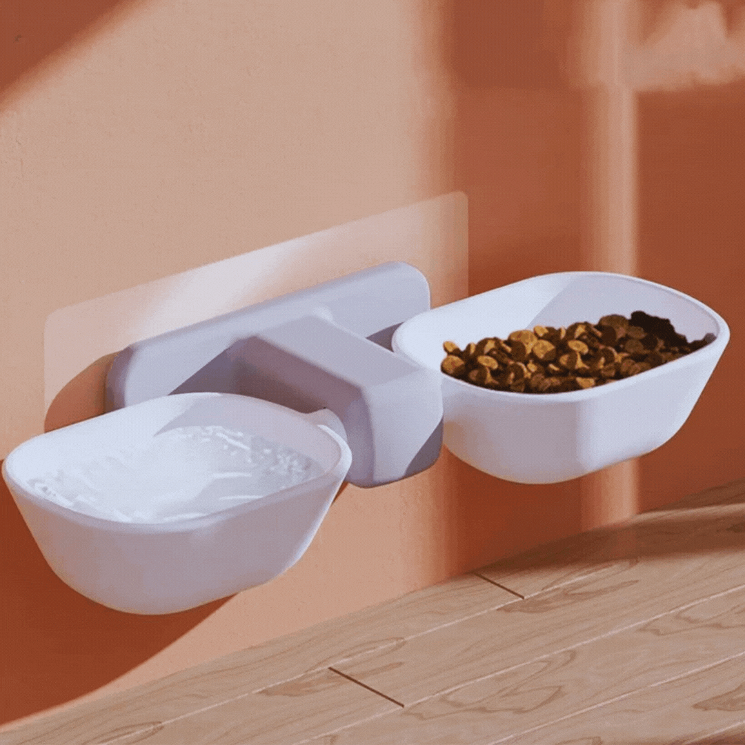 Wall mounted pet accessory: double bowls for food and water, saves floor space.