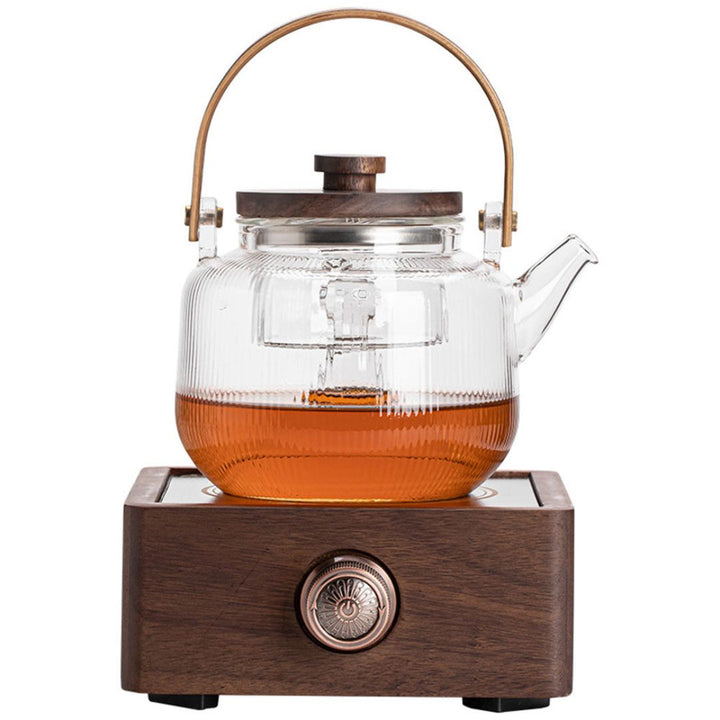 Walnut electric tea warmer with adjustable temperature control. Elegant beverage heater & home decor.