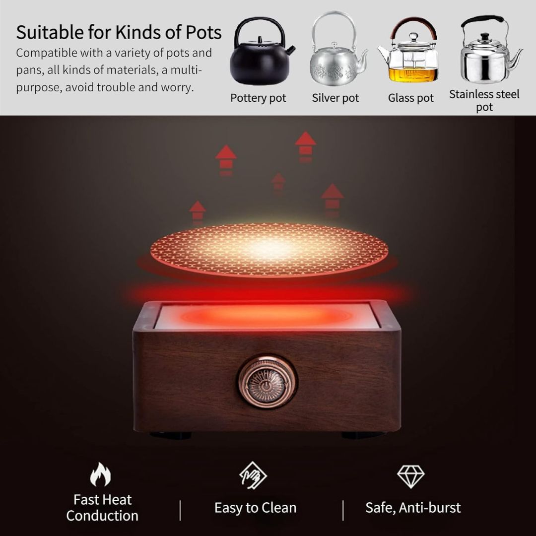 Walnut electric tea warmer with adjustable temperature control. Ready for hot drinks, coffee, or tea.