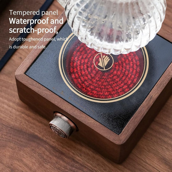 Modern walnut electric tea warmer, keeping your drinks warm. Adjustable temperature, ideal for kitchen decor.