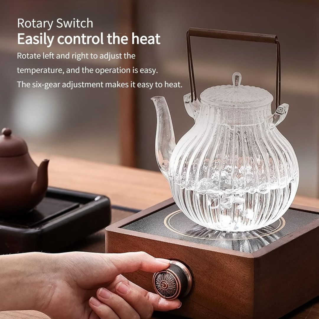 Stylish walnut electric tea warmer in a modern setting. Perfect for hot tea, coffee, or beverages.