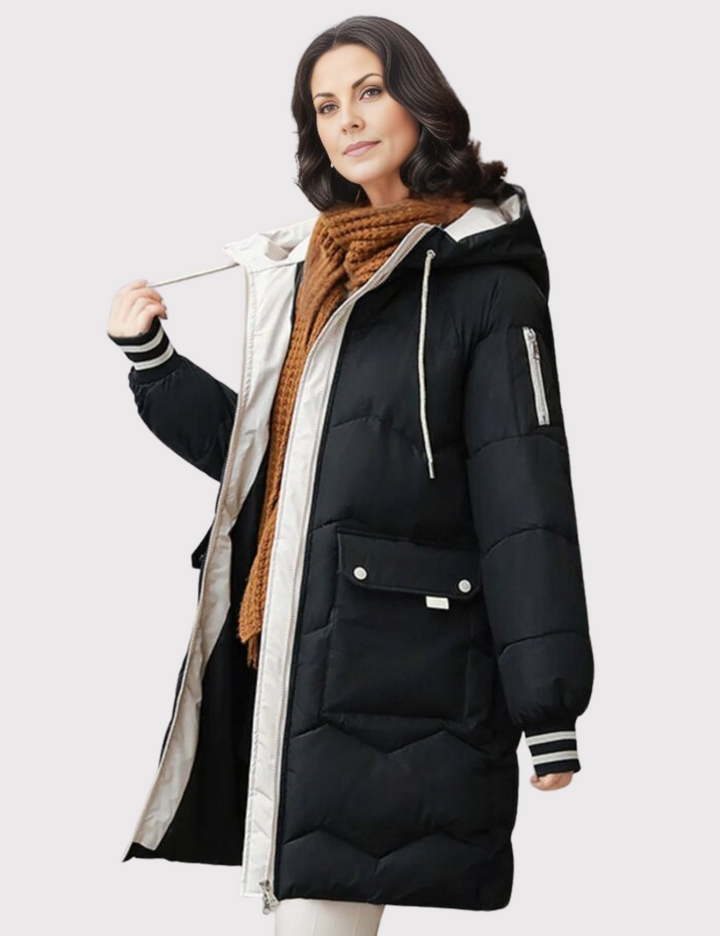 Women's winter warm hooded long jacket in a stylish puffer design with cozy outerwear