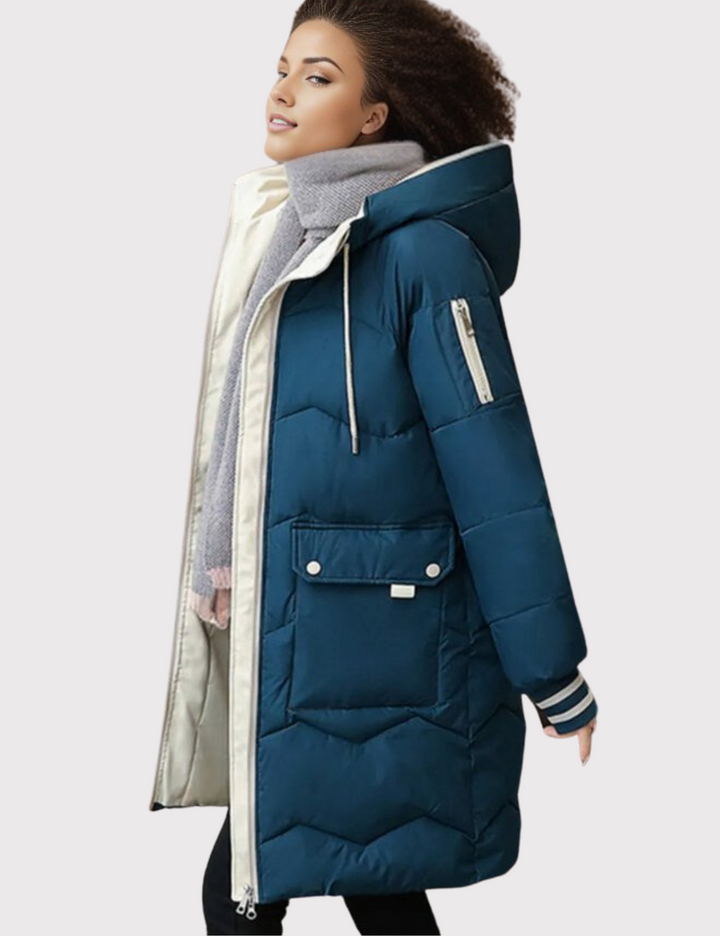 Cozy women's hooded long puffer coat, essential warm outerwear for cold winter days