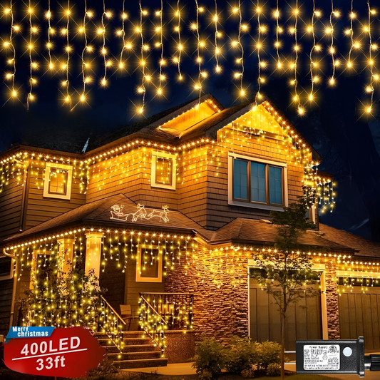 Warm LED outdoor curtain string lights illuminating a patio, perfect for garden decor and festive lighting.