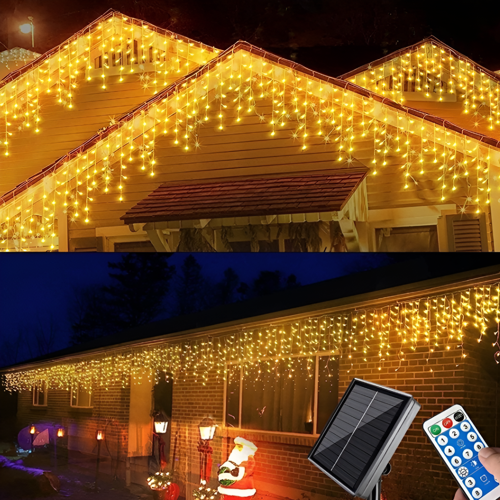 Weatherproof warm light LED curtain string lights, ideal for outdoor spaces, solar-powered for energy efficiency.