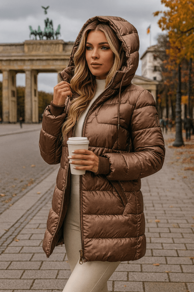 Warm women's long padded hooded winter jacket, ideal casual outerwear for cold weather