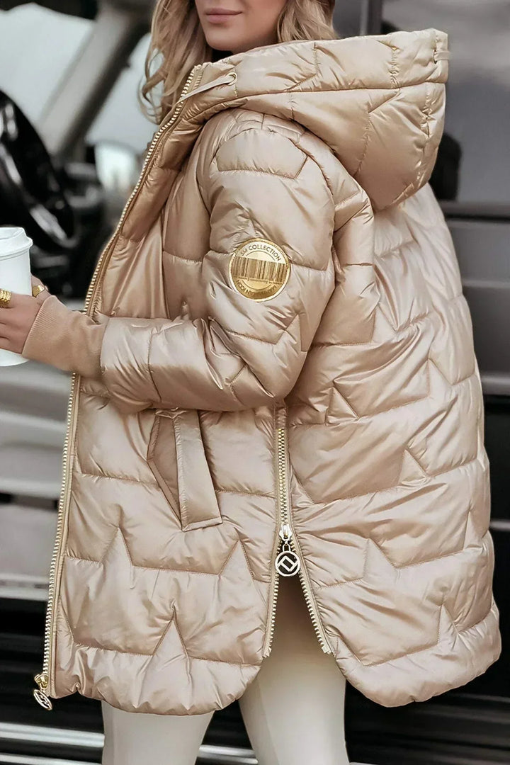 Fashionable women's long padded coat, hooded and warm, featuring a sleek, minimalist design